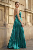 Gold A-Line Spaghetti Straps V-Neck Metallic Long Prom Dress