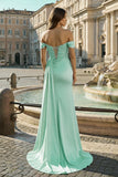 Pink Mermaid Off The Shoulder Satin Beaded Long Prom Dresses With Slit