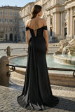 Pink Mermaid Off The Shoulder Satin Beaded Long Prom Dresses With Slit