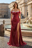 Pink Mermaid Off The Shoulder Satin Beaded Long Prom Dresses With Slit