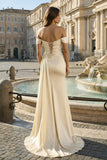 Pink Mermaid Off The Shoulder Satin Beaded Long Prom Dresses With Slit