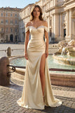 Pink Mermaid Off The Shoulder Satin Beaded Long Prom Dresses With Slit