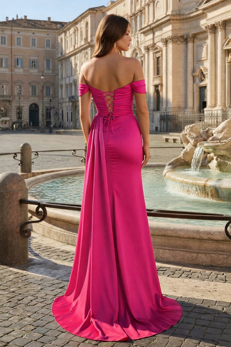 Pink Mermaid Off The Shoulder Satin Beaded Long Prom Dresses With Slit