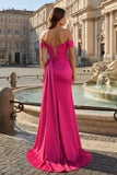 Pink Mermaid Off The Shoulder Satin Beaded Long Prom Dresses With Slit