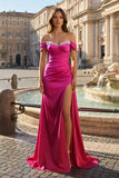 Pink Mermaid Off The Shoulder Satin Beaded Long Prom Dresses With Slit