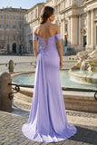 Pink Mermaid Off The Shoulder Satin Beaded Long Prom Dresses With Slit