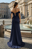 Pink Mermaid Off The Shoulder Satin Beaded Long Prom Dresses With Slit