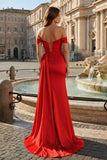Pink Mermaid Off The Shoulder Satin Beaded Long Prom Dresses With Slit