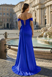 Pink Mermaid Off The Shoulder Satin Beaded Long Prom Dresses With Slit