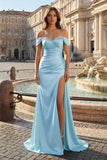 Pink Mermaid Off The Shoulder Satin Beaded Long Prom Dresses With Slit