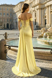 Pink Mermaid Off The Shoulder Satin Beaded Long Prom Dresses With Slit