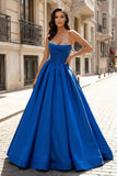 A-Line Beaded Sweetheart Royal Blue Satin Prom Dress
