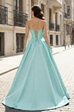A-Line Beaded Sweetheart Royal Blue Satin Prom Dress