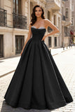 A-Line Beaded Sweetheart Royal Blue Satin Prom Dress