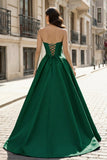 A-Line Beaded Sweetheart Royal Blue Satin Prom Dress