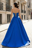 A-Line Beaded Sweetheart Royal Blue Satin Prom Dress