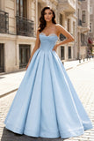 A-Line Beaded Sweetheart Royal Blue Satin Prom Dress