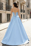 A-Line Beaded Sweetheart Royal Blue Satin Prom Dress