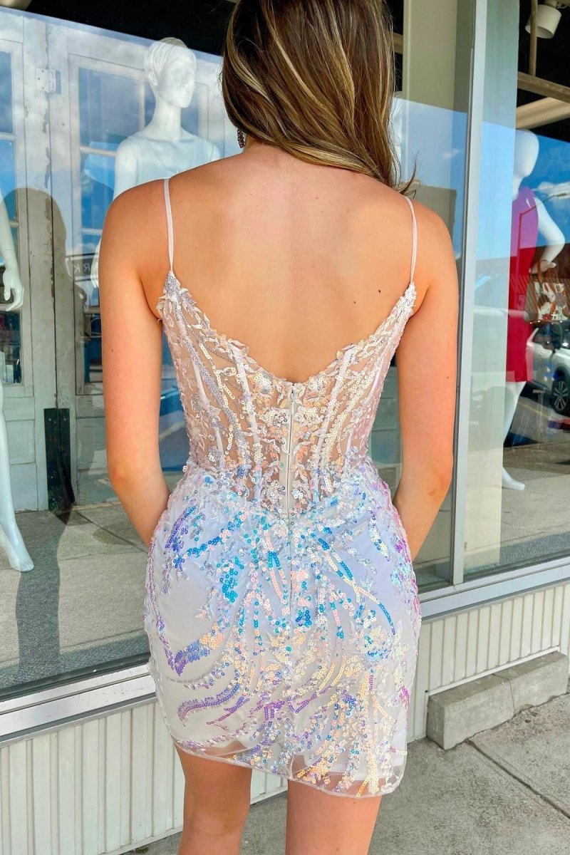 Light Blue Sequin Lace Sweetheart Fitted Mini Party Dresses