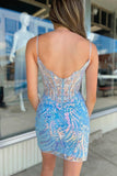 Light Blue Sequin Lace Sweetheart Fitted Mini Party Dresses