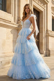 Light Blue Tulle Appliques Tying Strap Ruffle Tiered Long Prom Dress