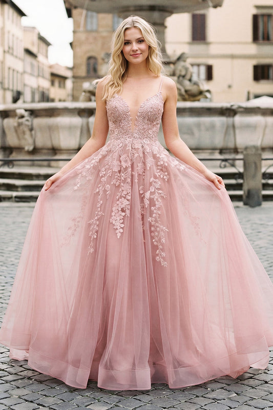 A-line Spaghetti Straps Tulle Prom Dress with Appliques