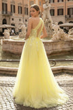 Light Yellow One Shoulder 3D Appliques Beading Long Prom Dress with Slit