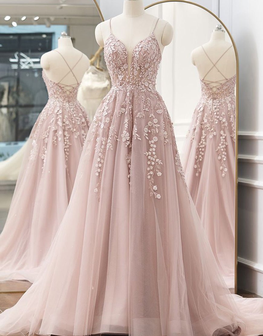 A-line Spaghetti Straps Tulle Prom Dress with Appliques