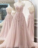 A-line Spaghetti Straps Tulle Prom Dress with Appliques