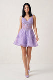 Lilac A-line Appliques Deep V Neck Short Homecoming Dress