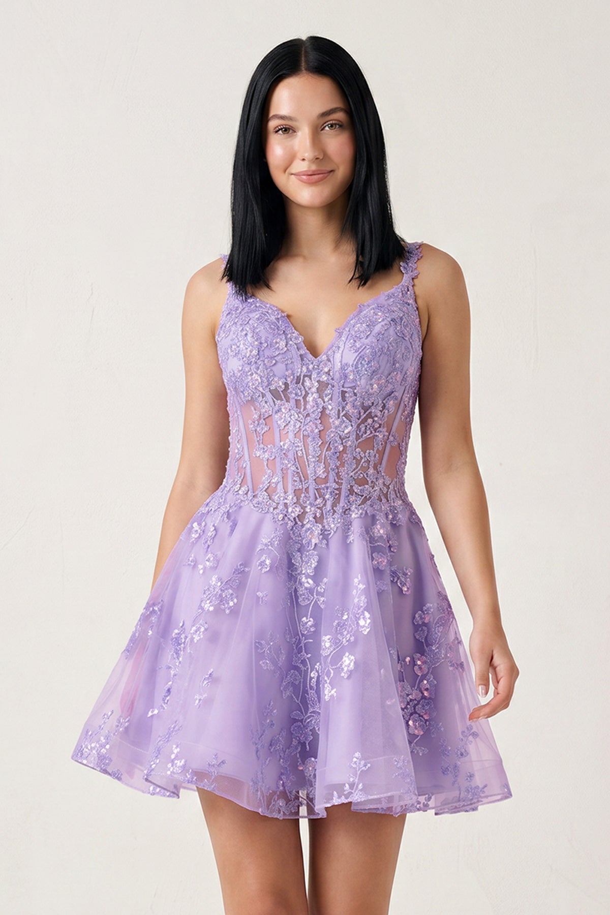 Lilac A-line Appliques Deep V Neck Short Homecoming Dress