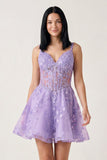 Lilac A-line Appliques Deep V Neck Short Homecoming Dress
