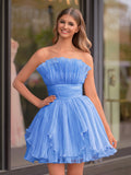 Blue A-Line Strapless Ruffled Short Homecoming Dress