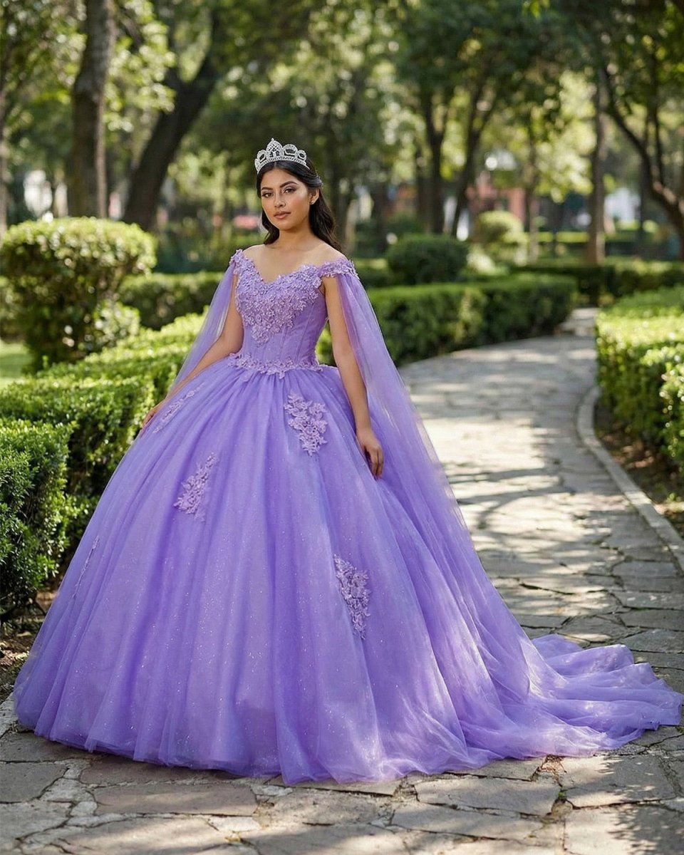 Lilac Ball-Gown Tulle Quinceanera Dresses 3D Flowers With Cape