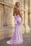 Coral Pink Mermaid V Neck Satin Open Back Long Prom Dresses With Bow