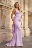 Coral Pink Mermaid V Neck Satin Open Back Long Prom Dresses With Bow