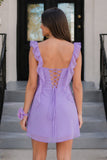Lilac - Sheath Chiffon V Neck Short Homecoming Dresses With Ruffles