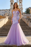 Lilac Sheath Sweetheart Tulle Pleated Long Prom Dresses With Beading