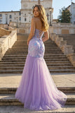 Lilac Sheath Sweetheart Tulle Pleated Long Prom Dresses With Beading