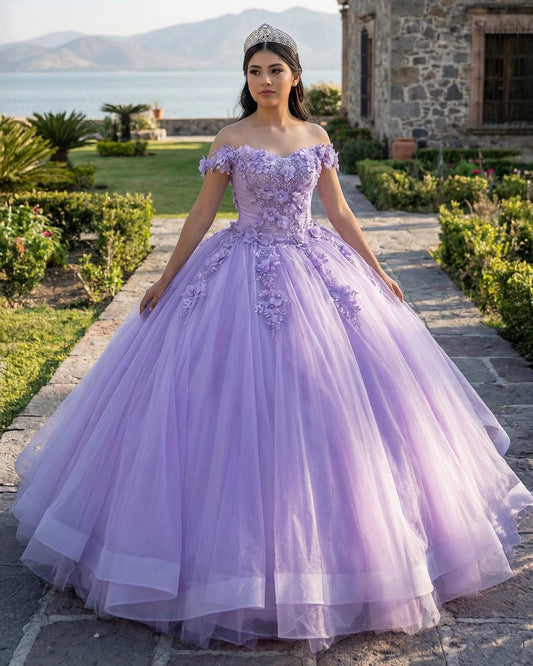 Lilac Tulle Appliques Quinceanera Ball Gown Dress