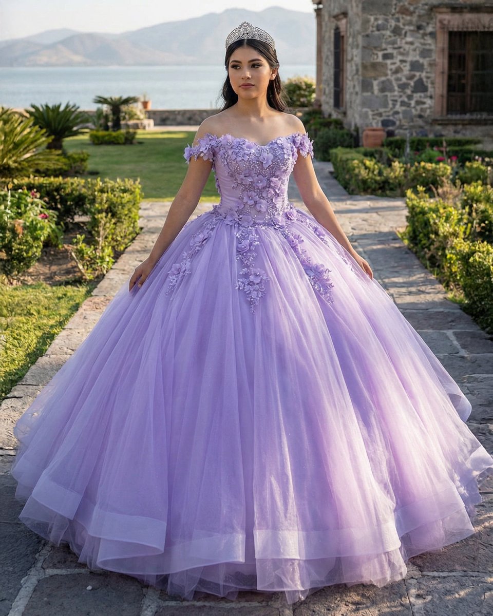 Lilac Tulle Appliques Quinceanera Ball Gown Dress