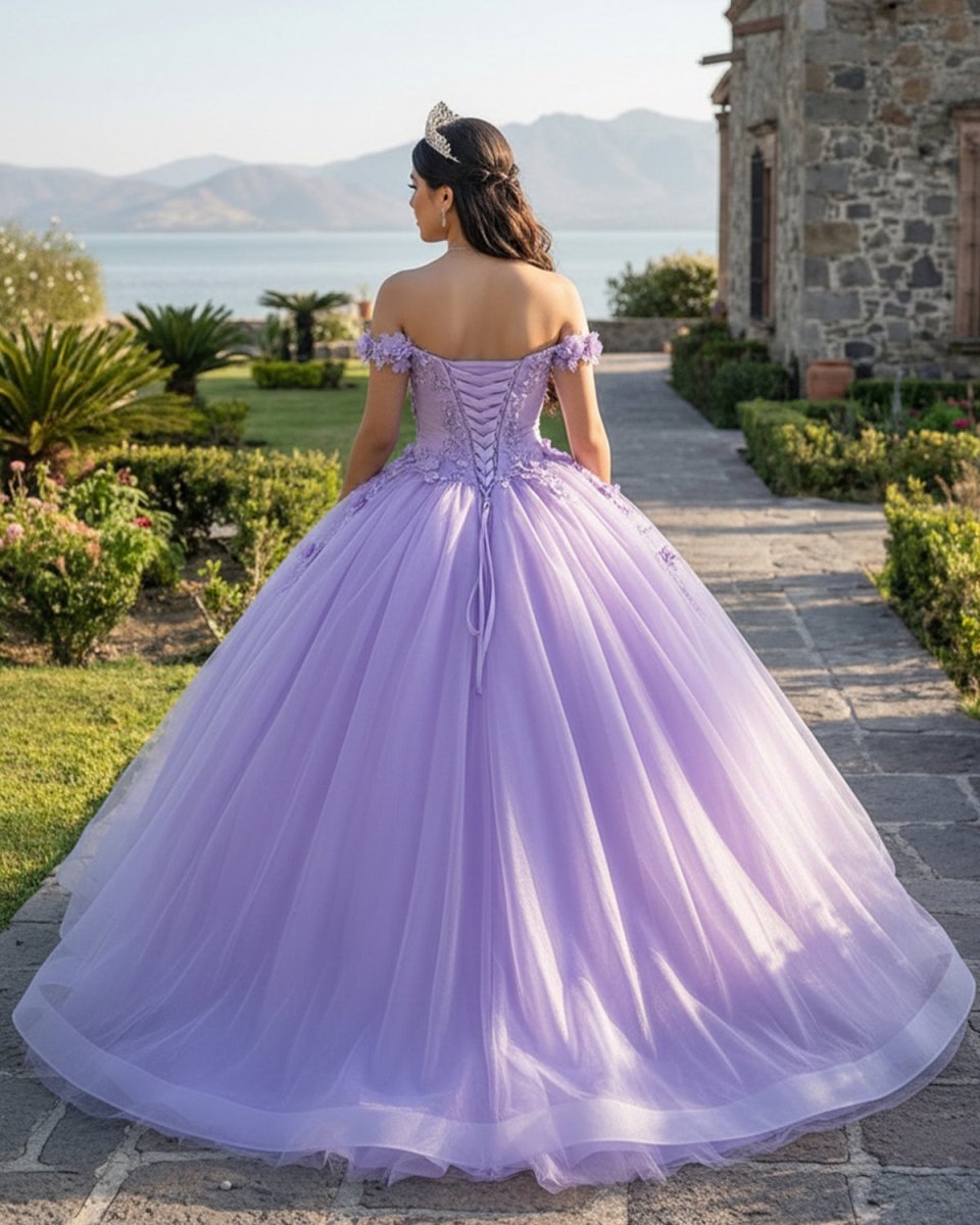 Lilac Tulle Appliques Quinceanera Ball Gown Dress