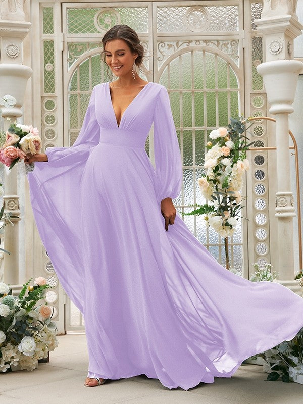 Vestido de dama de honor de corte A/princesa, de gasa, con volantes, escote en V, mangas largas y cola larga, vestido para madre de la novia