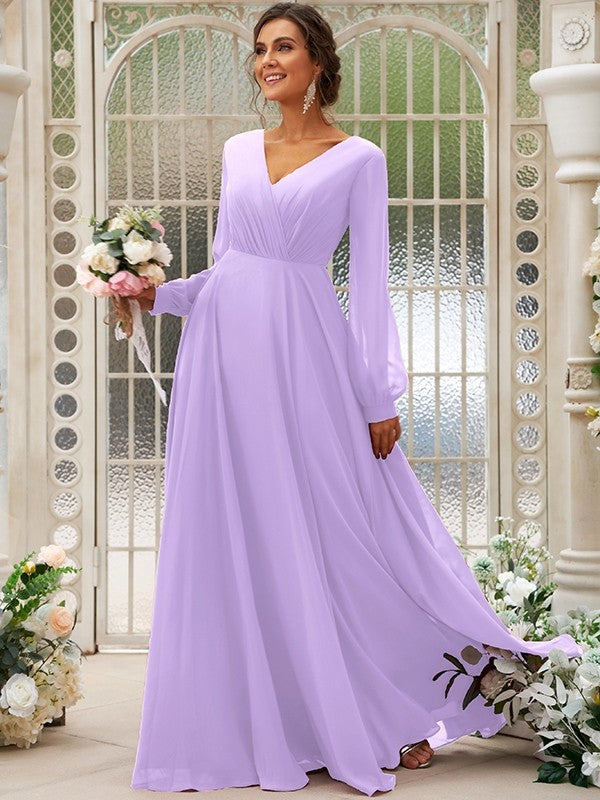 A-Line/Princess Chiffon Ruched V-neck Long Sleeves Floor-Length Bridesmaid Dresses Mother of the Bride Dress
