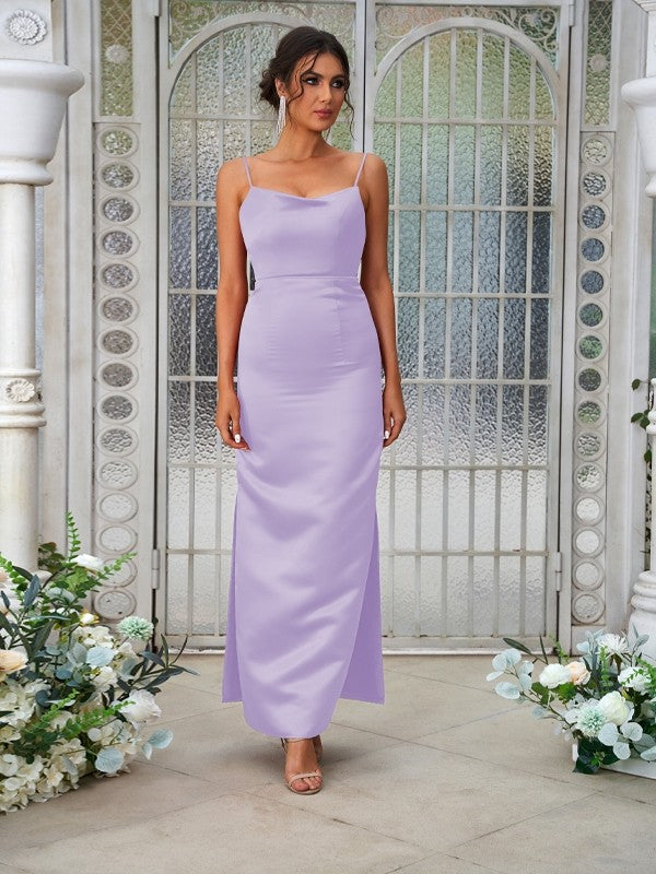 Sheath/Column Satin Ruched Spaghetti Straps Sleeveless Ankle-Length Bridesmaid Dresses Evening Dress