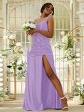 Sheath/Column Polyester Ruched Sweetheart Sleeveless Sweep/Brush Train Bridesmaid Dresses Evening Dress