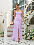 A-Line/Princess Silk like Satin Ruffles Spaghetti Straps Sleeveless Floor-Length Bridesmaid Dresses Evening Dress