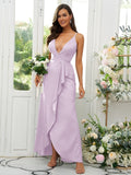 A-Line/Princess Silk like Satin Ruffles V-neck Sleeveless Floor-Length Bridesmaid Dresses Prom Dress