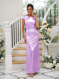 Sheath/Column Sequins Ruched Scoop Short Sleeves Floor-Length Bridesmaid Dresses Evening Dress