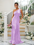 Sheath/Column Sequins Ruched One-Shoulder Sleeveless Sweep/Brush Train Bridesmaid Dresses Evening Dress